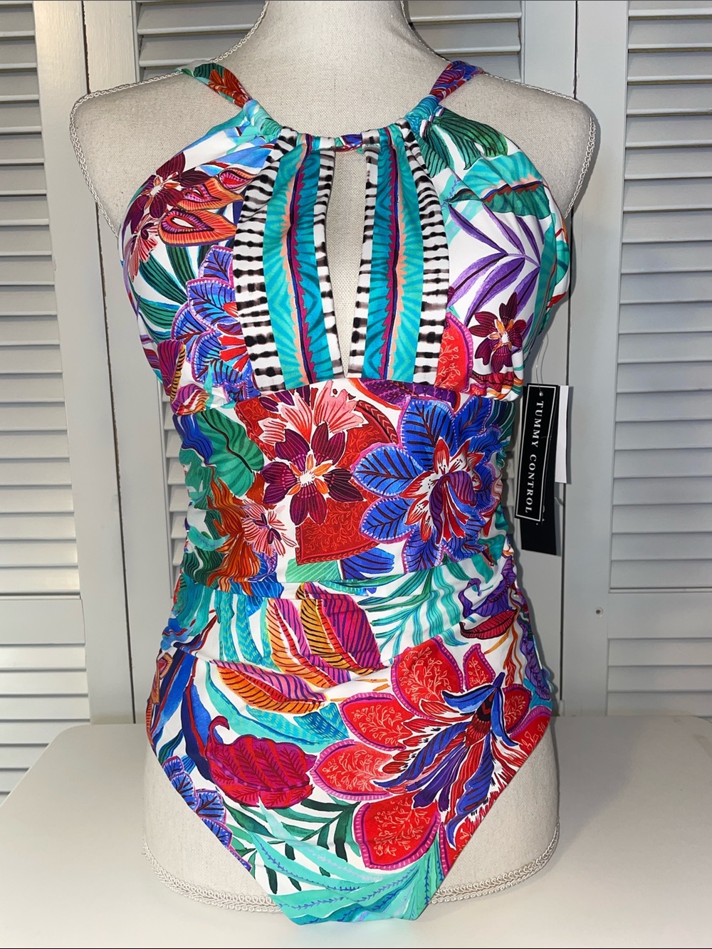 NWT - La Blanca Tropical Print High Neck Keyhole Swimsuit - Sz 14